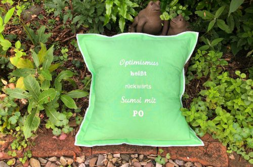 Gruenes Kissen mit lustigem Spruch